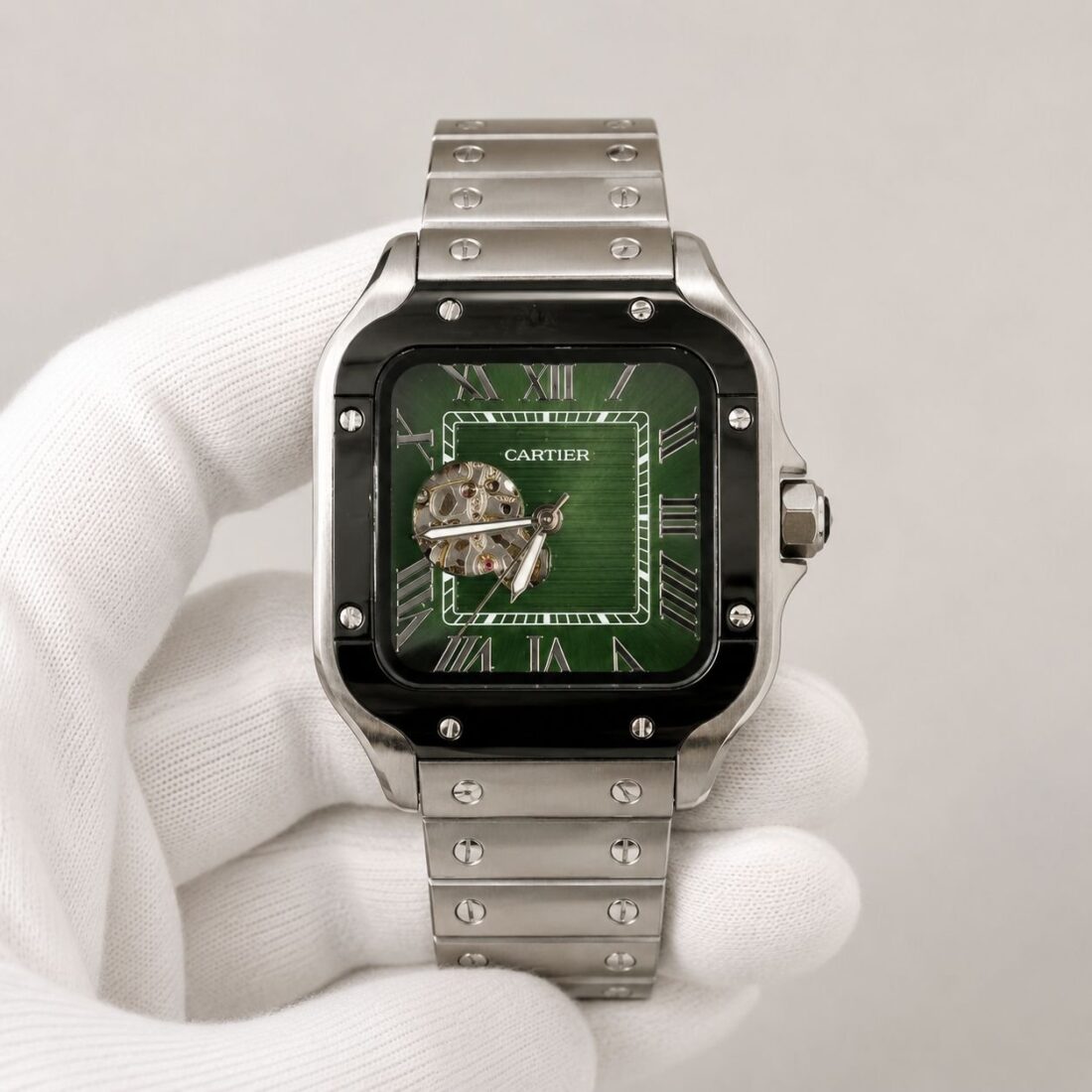 Cartier Santos Green Dial Black Bezel Open Heart