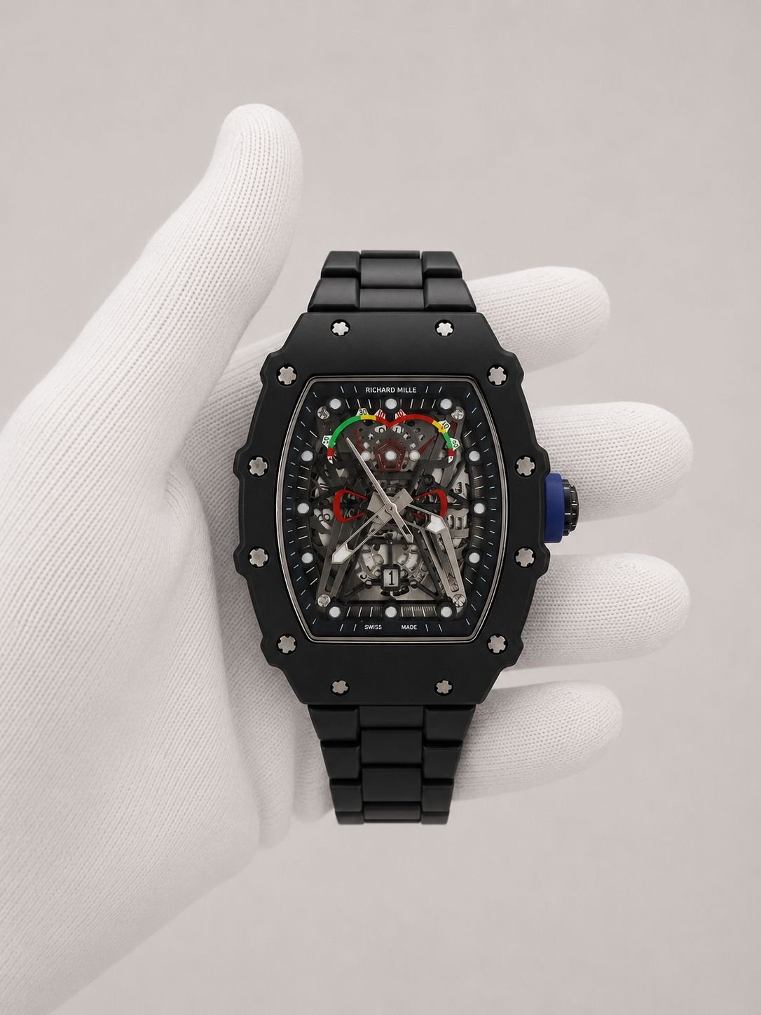 Мъжки Richard Mille Skeleton Black Ceramic / Blue Crown #191