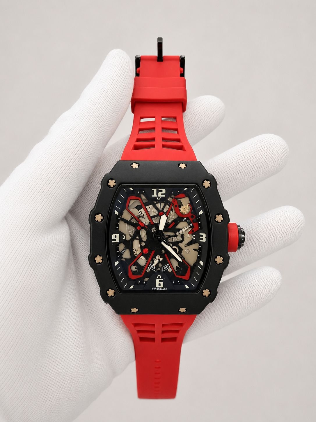 Мъжки Richard Mille Skeleton Black / Red Strap #181