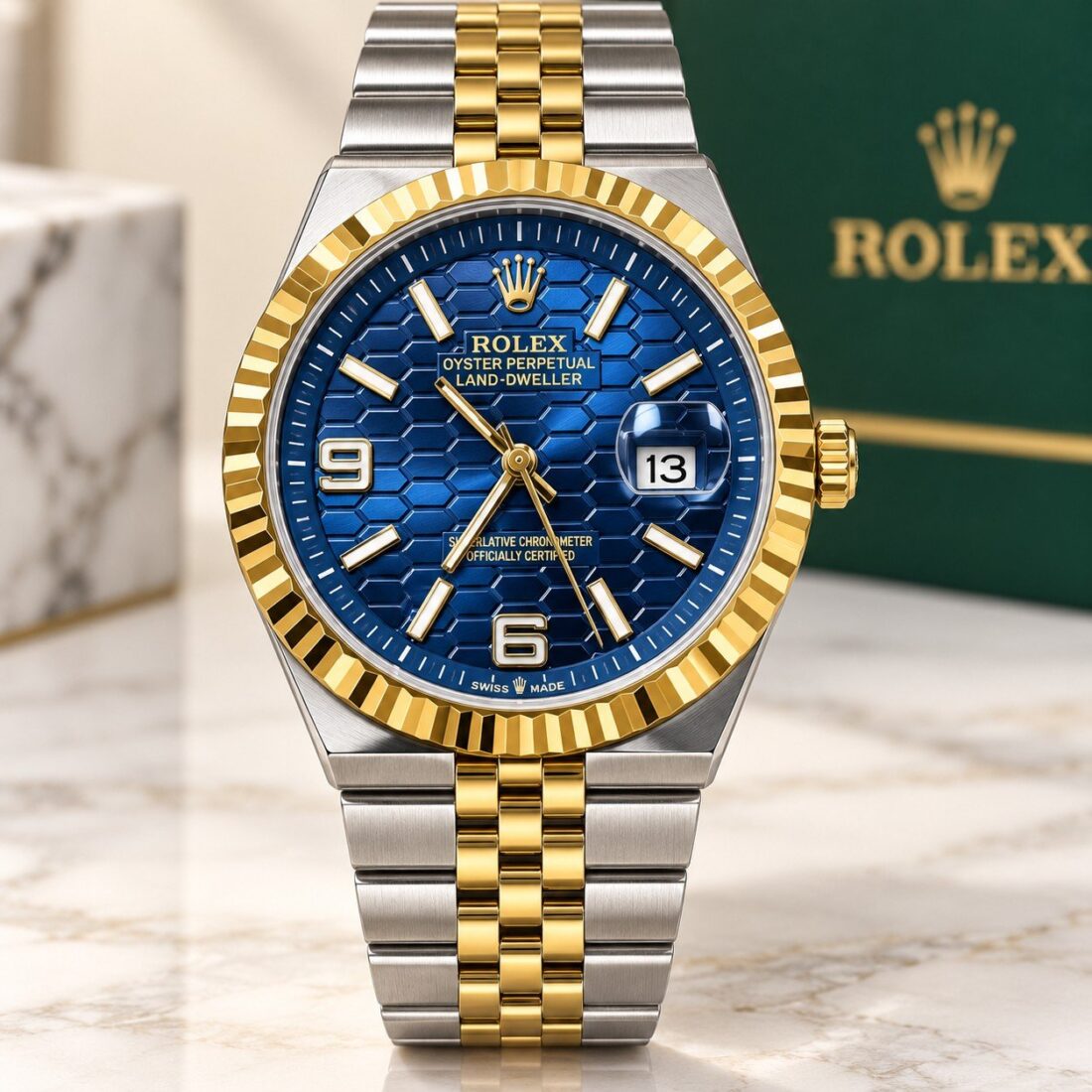 Rolex Land-Dweller Two-Tone Blue Honeycomb Dial