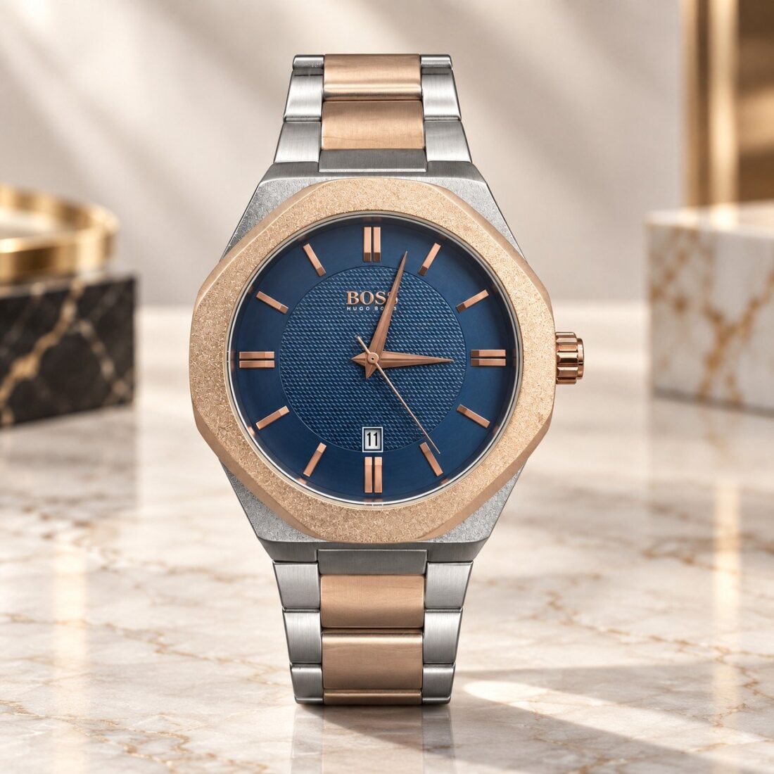 Hugo Boss Octagon Rose Gold Two-Tone / Blue Dial