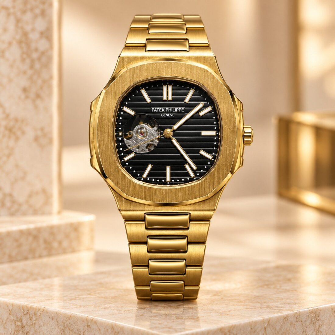 Patek Philippe Ceas mecanic Patek Philippe Nautilus Open Heart Gold / Black Dial
