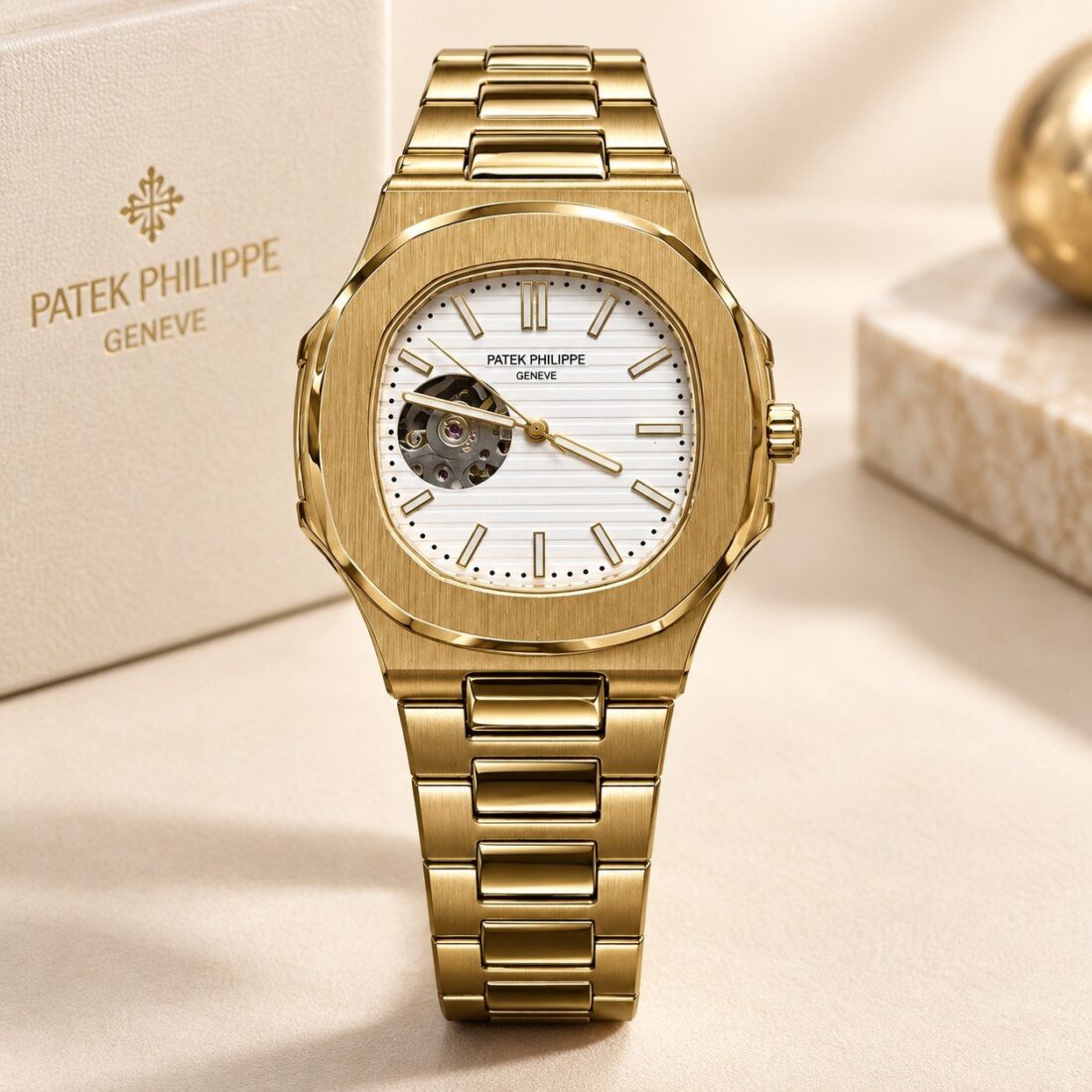 Patek Philippe Ceas mecanic Patek Philippe Nautilus Open Heart Gold / White Dial