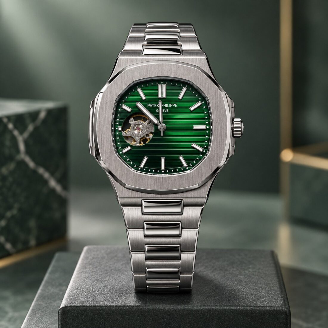 Patek Philippe Ceas mecanic Patek Philippe Nautilus Open Heart Steel / Green Dial