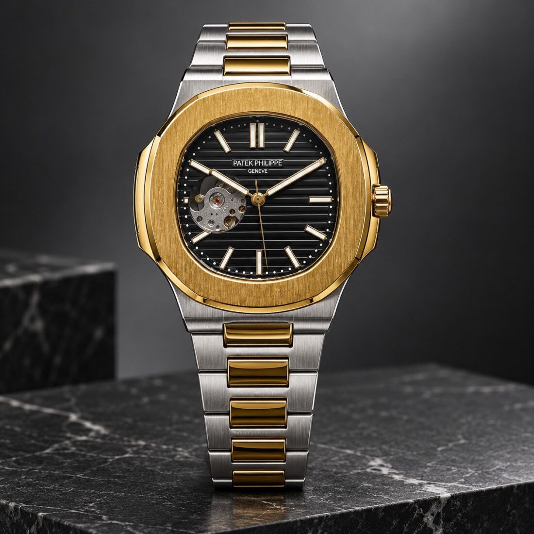 Patek Philippe Ceas mecanic Patek Philippe Nautilus Open Heart Two-Tone / Black Dial