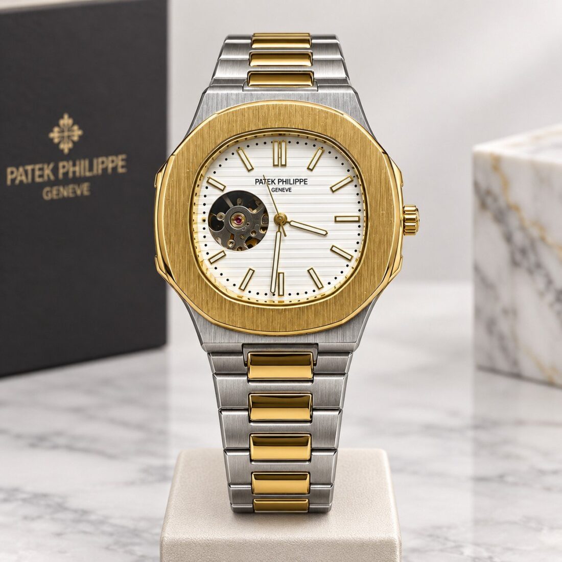 Patek Philippe Ceas mecanic Patek Philippe Nautilus Open Heart Two-Tone / White Dial II