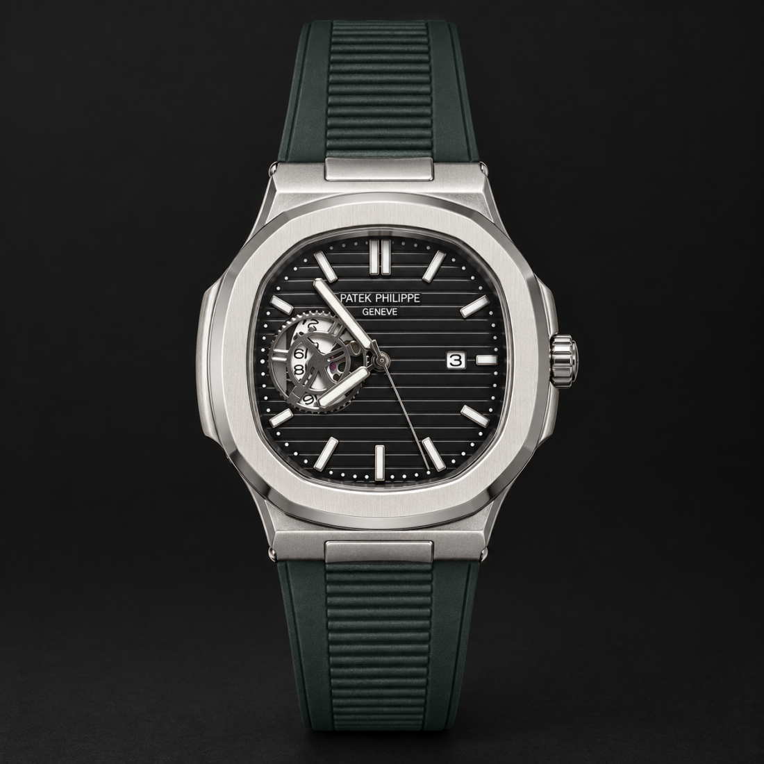 Patek Philippe Nautilus Open Heart Black Dial Green Rubber