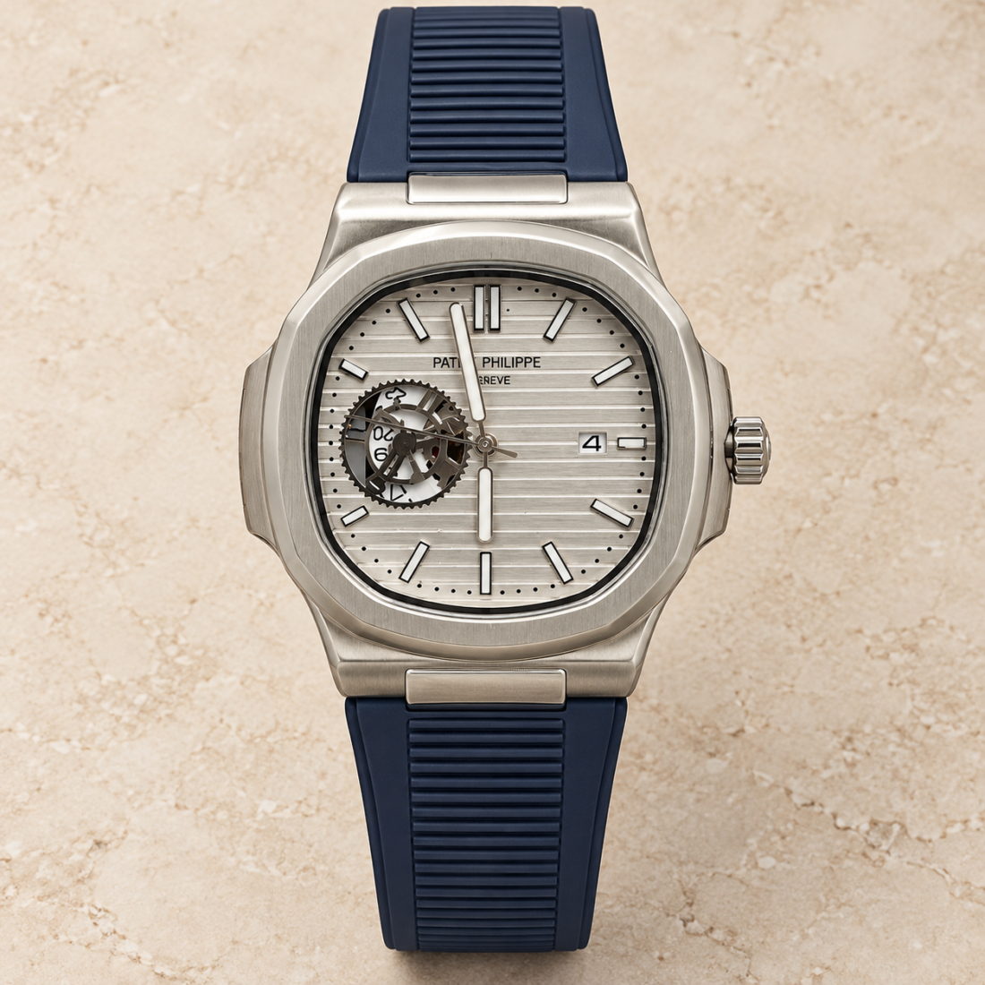 Patek Philippe Nautilus Open Heart Silver Dial Blue Rubber