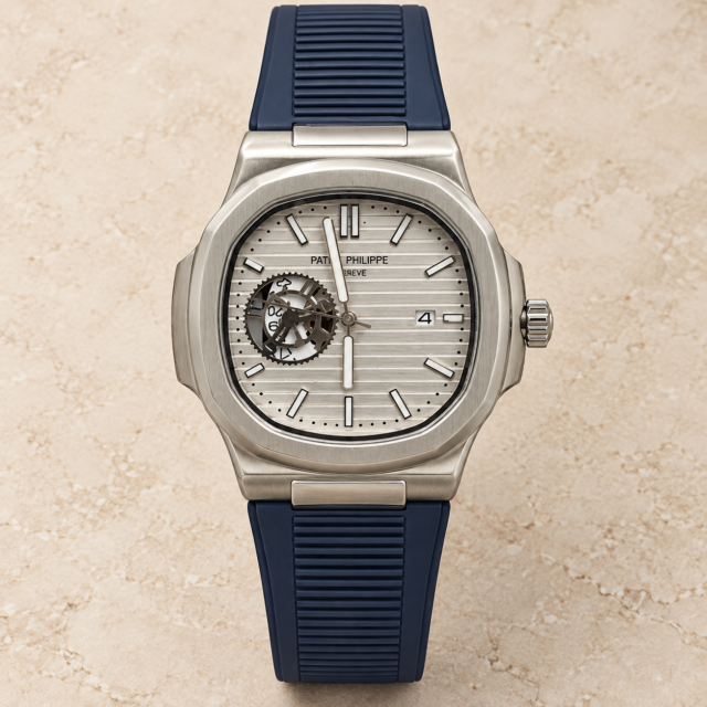 Мъжки Patek Philippe Nautilus Open Heart Silver Dial Blue Rubber #340