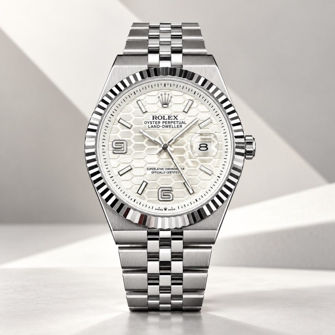 Rolex Land-Dweller White Honeycomb Dial Jubilee Steel