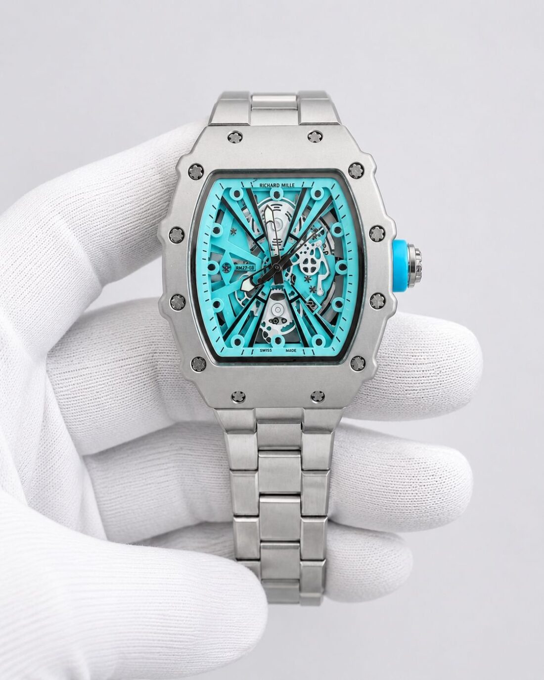 Мъжки часовник Richard Mille RM27-08 скелетон турскоазен циферблат стоманена верижка